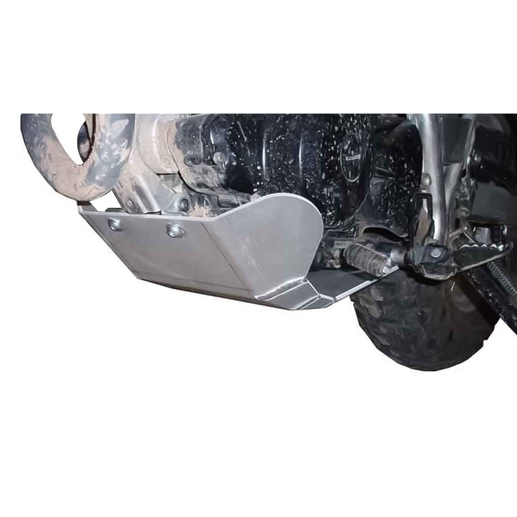 Detailed view of the Yamaha TW200's front section featuring the aluminum skid plate