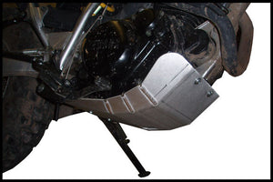 Yamaha TW200 motorcycle equipped with an aluminum skid plate for protection