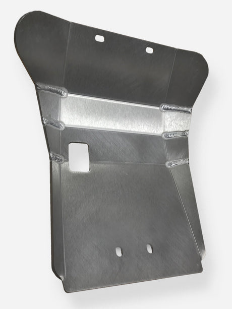 Close-up of the Yamaha TW200 aluminum skid plate with mounting holes